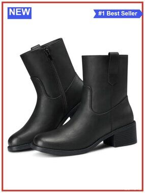SHIBEVER Women's Comfortable Ankle Boots Chunky Block Heel Side Zip Booties